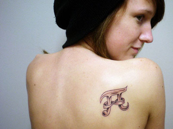3D Pi In Infinity Tattoo On Girl Right Back Shoulder