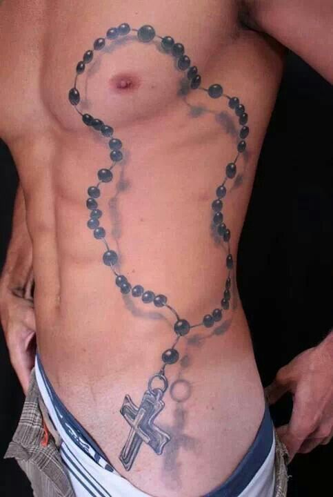 3D Rosary Cross Tattoo On Man Left Side Rib