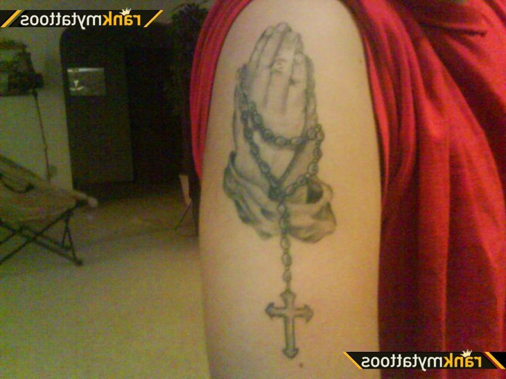 Amazing 3D Rosary Cross In Praying Hand Tattoo On Shoulder