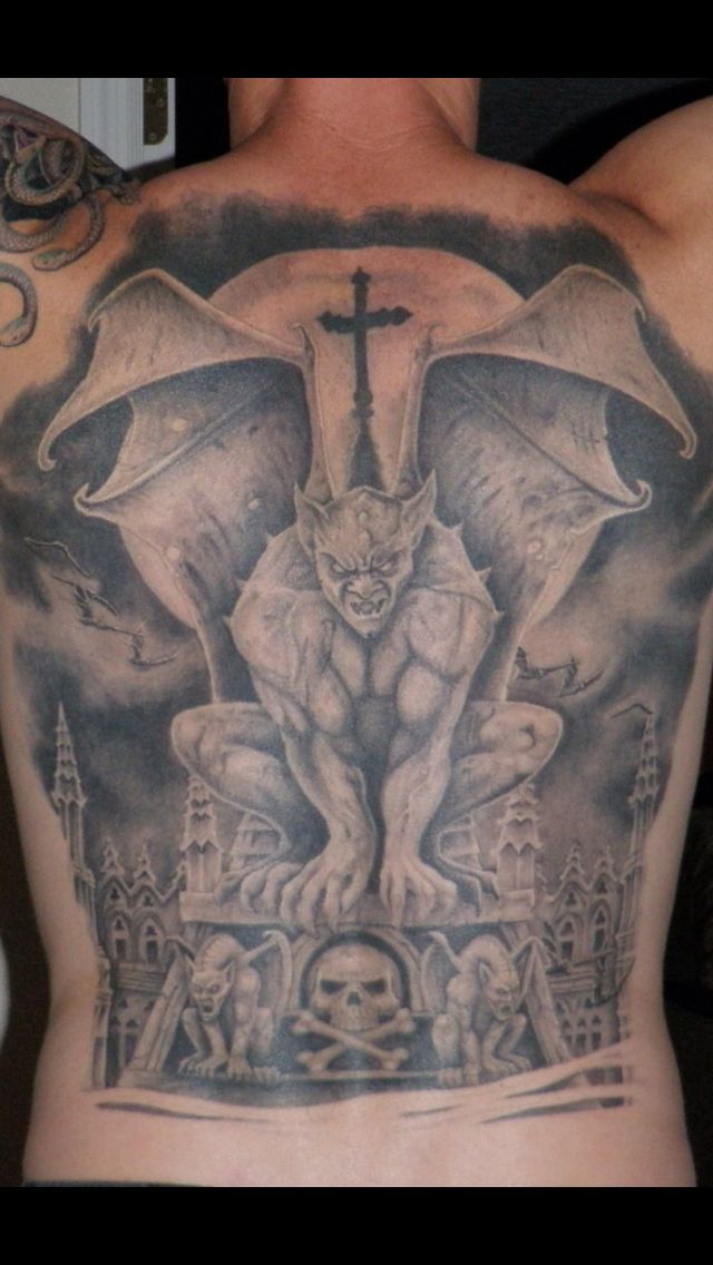 Amazing Black And Grey Gargoyle With Moon Tattoo On Man Full Back