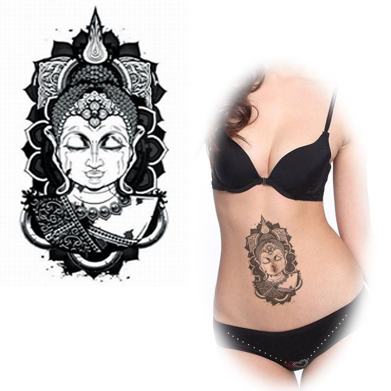 Amazing Black Buddhist Face Tattoo On Girl Stomach