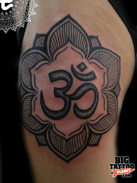 Amazing Black Om Hinduism Tattoo Design For Forearm