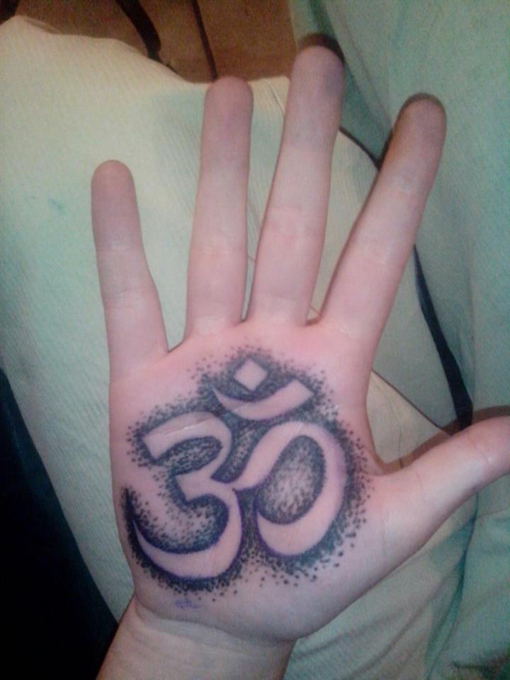 Amazing Black Om Hinduism Tattoo On Hand Palm By Taji