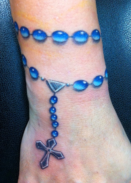 Amazing Blue Rosary Cross Tattoo On Wrist