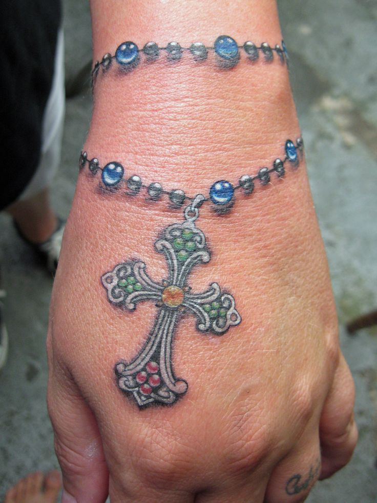 Amazing Colorful 3D Rosary Cross Tattoo On Hand