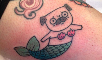Amazing Colorful Pug Mermaid Tattoo Design