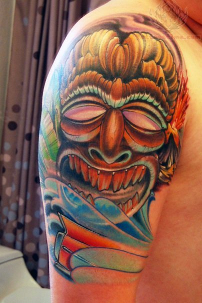 Amazing Colorful Tiki Tattoo On Shoulder