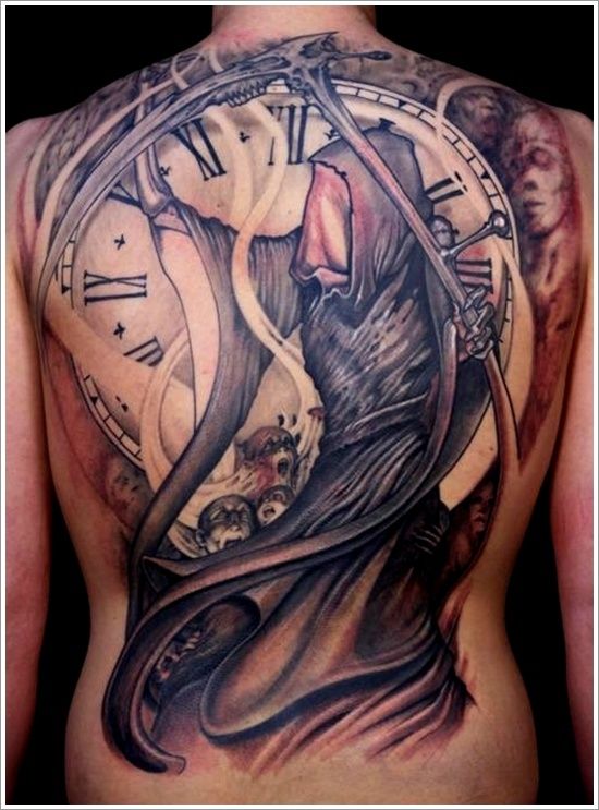 Amazing Grim Reaper With Clock Tattoo On Full Back