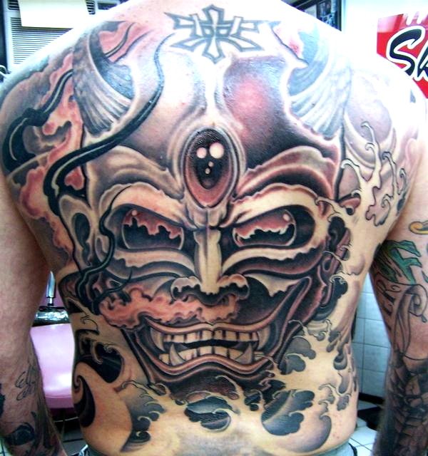Amazing Horror Tiki Tattoo On Man Full Back