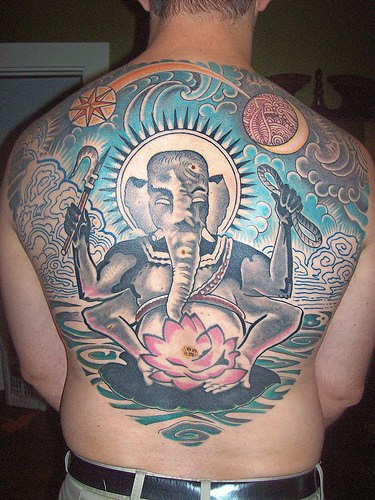 Amazing Lord Ganesha Hinduism Tattoo On Man Full Back
