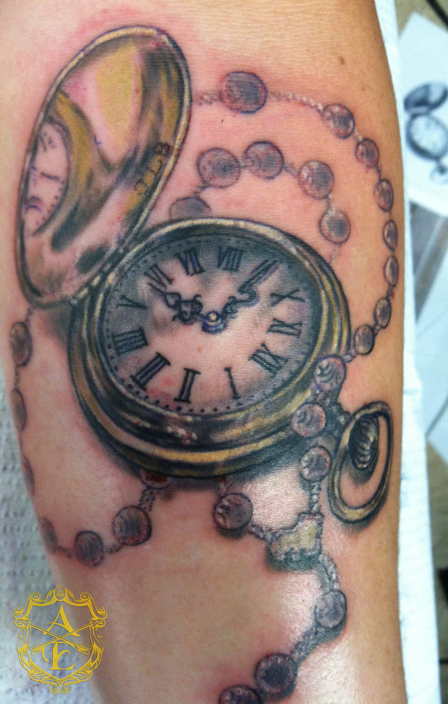 Amazing Pocket Watch With Rosary Tattoo Design By Sean Ambrose