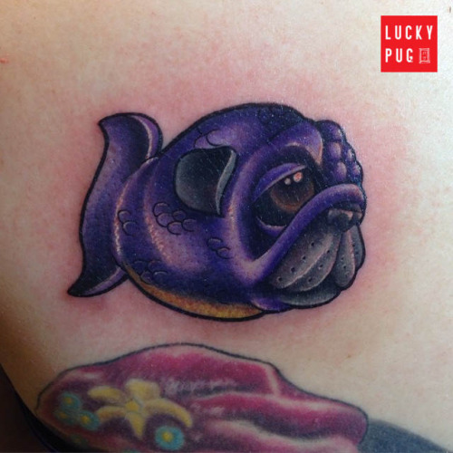 Amazing Purple Pug Face Fish Tattoo Design By Josh Herrera