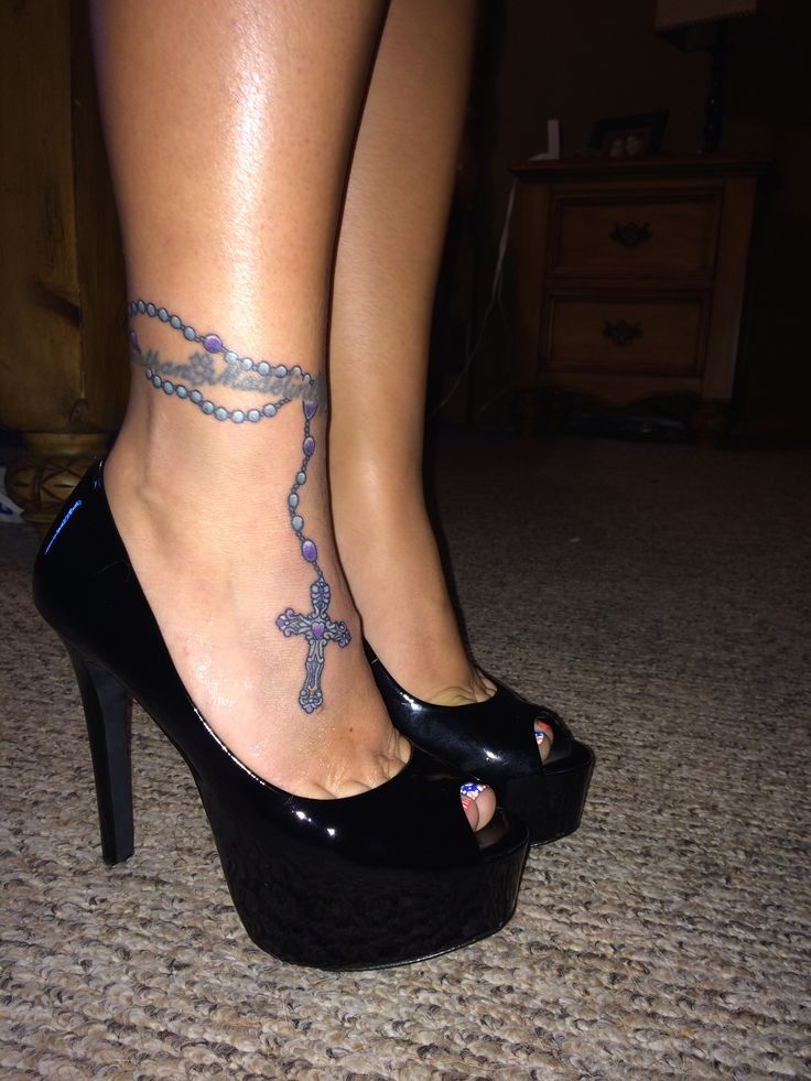 Amazing Rosary Cross Tattoo On Girl Foot