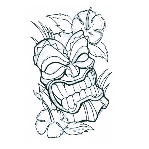 Angry Tiki Mask With Flower Tattoo Stencil