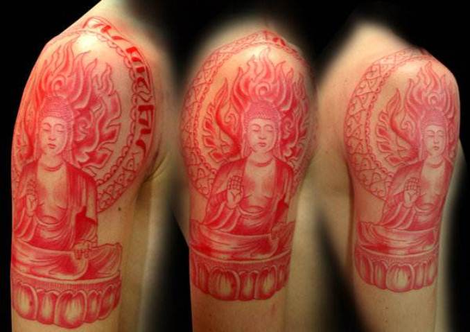 Awesome Red Buddhist Tattoo On Man Right Shoulder By Sk8teo