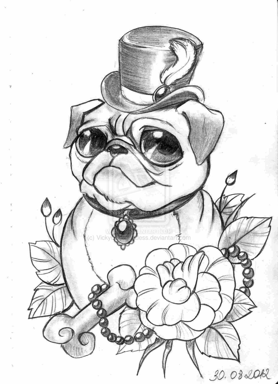 Black And Gery Pug Dog With Bone And Rose Tattoo Design By VickyDemigoddess