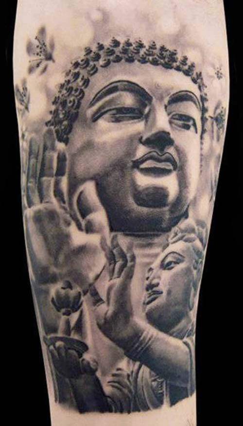 Black And Grey 3D Buddha Face Tattoo Design For Half Sleeve