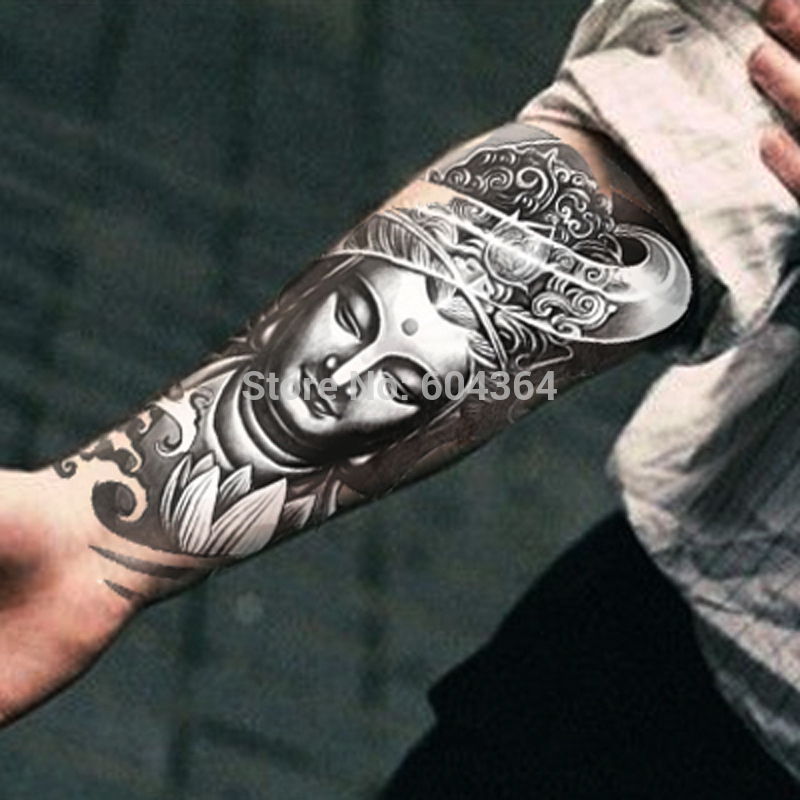 Black And Grey 3D Buddha Face Tattoo On Man Forearm