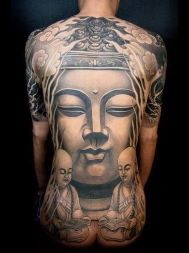 Black And Grey 3D Buddhist Face Tattoo On Man Full Back By Jayne