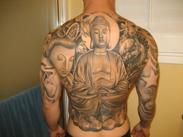 Black And Grey 3D Buddhist Statue Tattoo On Man Full Back