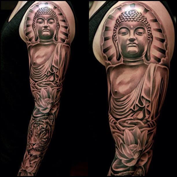 Black And Grey 3D Buddhist Statue Tattoo On Man Full Sleeve