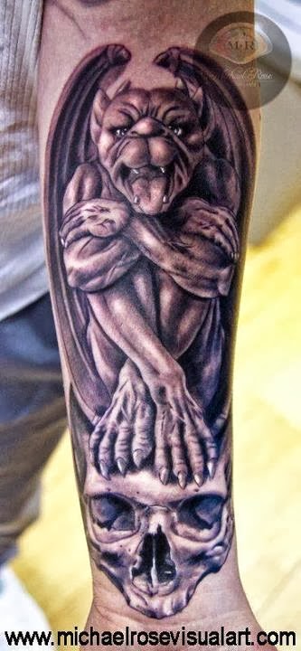 Black And Grey 3D Gargoyle On Skull Tattoo On Forearm