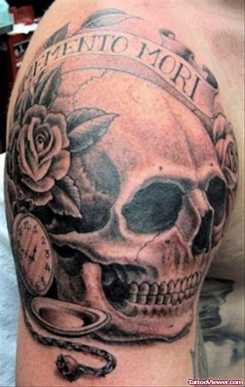 Black And Grey 3D Grim Reaper Skull With Rose And Banner Tattoo On Shoulder
