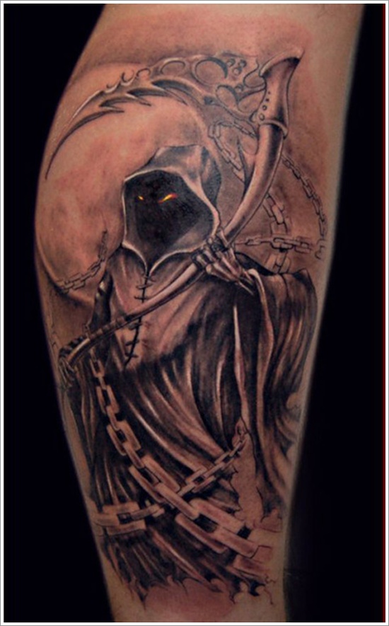 Black And Grey 3D Grim Reaper With Moon Tattoo Design For Leg Calf