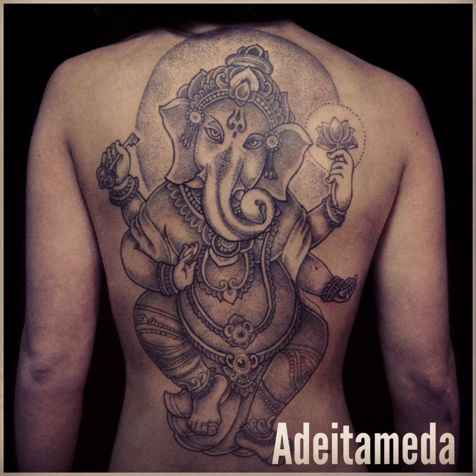 Black And Grey 3D Lord Ganesha Hinduism Tattoo On Full Back