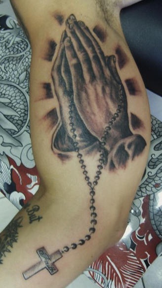 Black And Grey 3D Rosary Cross In Praying Hand Tattoo On Full Sleeve
