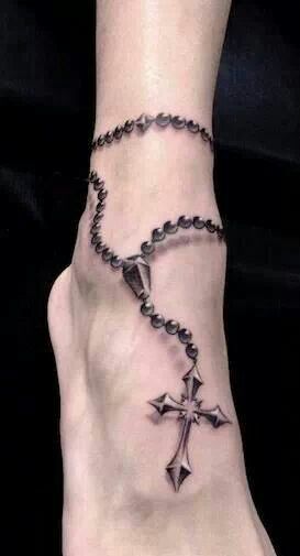 Black And Grey 3D Rosary Cross Tattoo On Foot