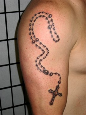 Black And Grey 3D Rosary Cross Tattoo On Shoulder By Theoretical Ink