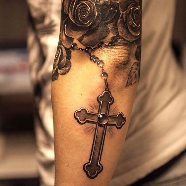 Black And Grey 3D Rosary Cross With Roses Tattoo On Full Sleeve By Niki Norberg
