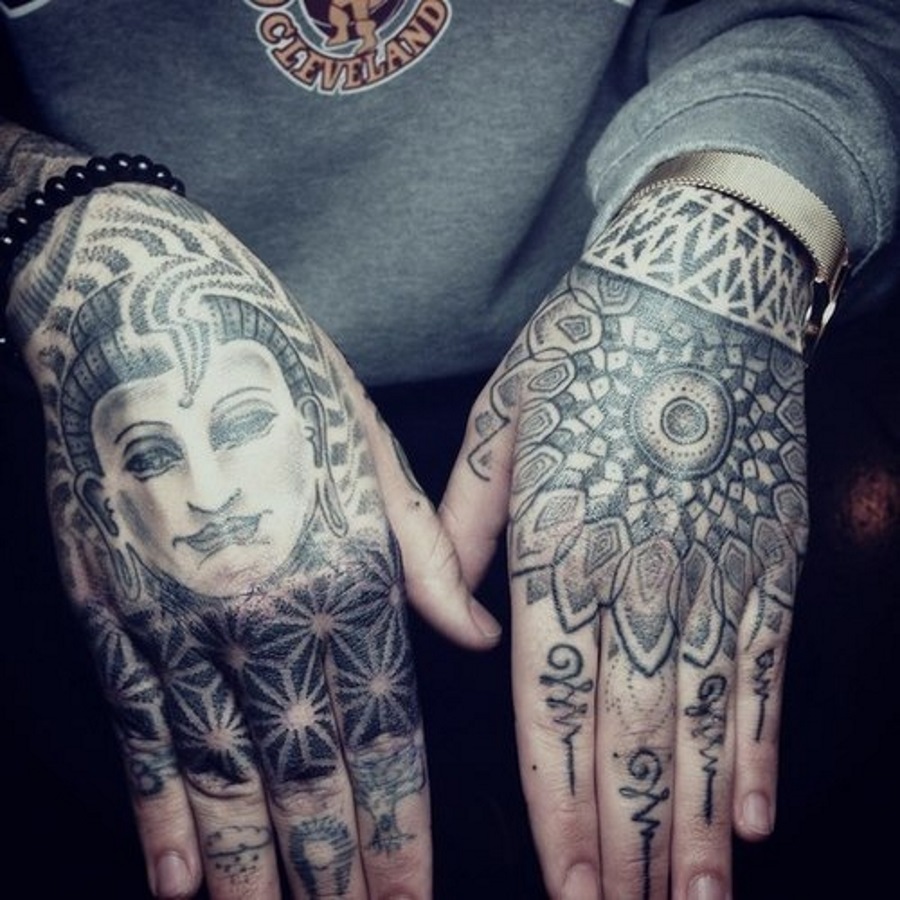 Black And Grey Buddhist Face And Mandala Symbol Tattoo On Both Hand