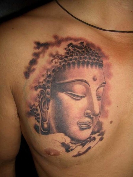 Black And Grey Buddhist Face Tattoo On Man Right Chest