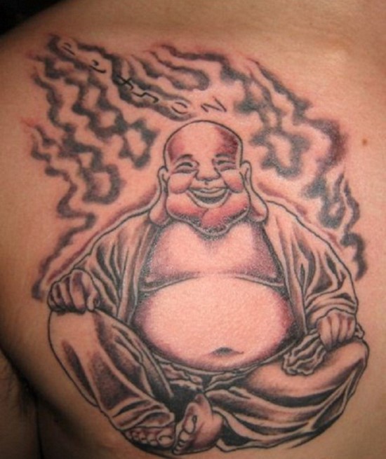 Black And Grey Buddhist In Flame Tattoo Design
