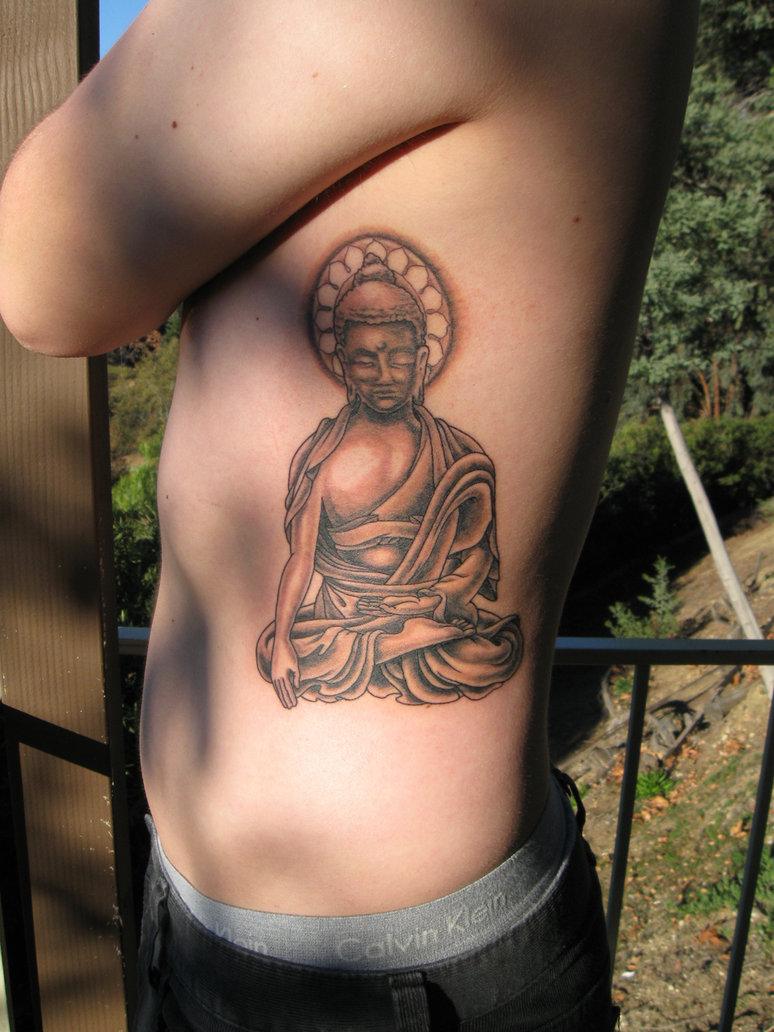 Black And Grey Buddhist Tattoo On Man Side Rib By Colin D