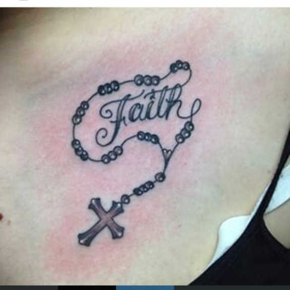 Black And Grey Faith With Rosary Cross Tattoo Design