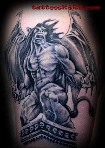 Black And Grey Gargoyle Tattoo Design
