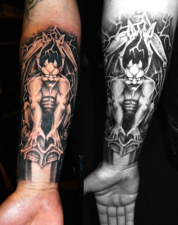 Black And Grey Gargoyle Tattoo On Forearm By Shizz Bogdan