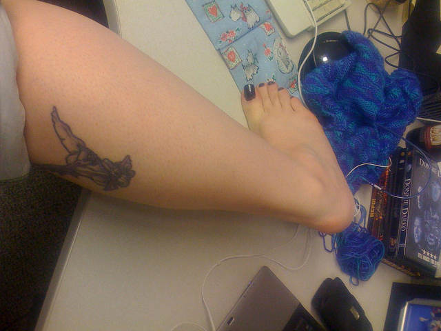 Black And Grey Gargoyle Tattoo On Girl Right Leg Calf