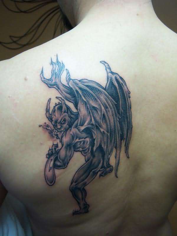 Black And Grey Gargoyle Tattoo On Man Left Back Shoulder