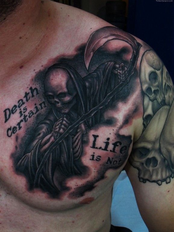 Black And Grey Grim Reaper Tattoo On Man Left Chest By Chris Black