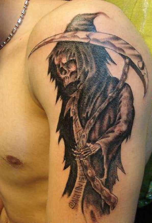 Black And Grey Grim Reaper Tattoo On Man Left Half Sleeve