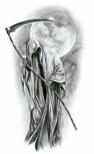 Black And Grey Grim Reaper With Moon Tattoo Design By Kacper
