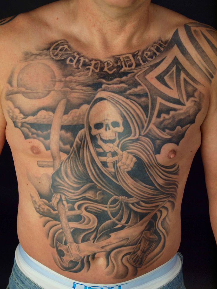 Black And Grey Grim Reaper With Moon Tattoo On Man Full Body