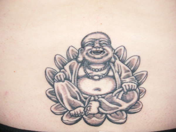 Black And Grey Laughing Buddha Tattoo Design