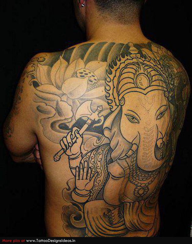 Black And Grey Lord Ganesha Hinduism Tattoo On Man Full Back