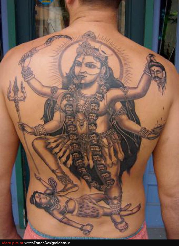 Black And Grey Lord Kali Mata Hinduism Tattoo On Man Full Back