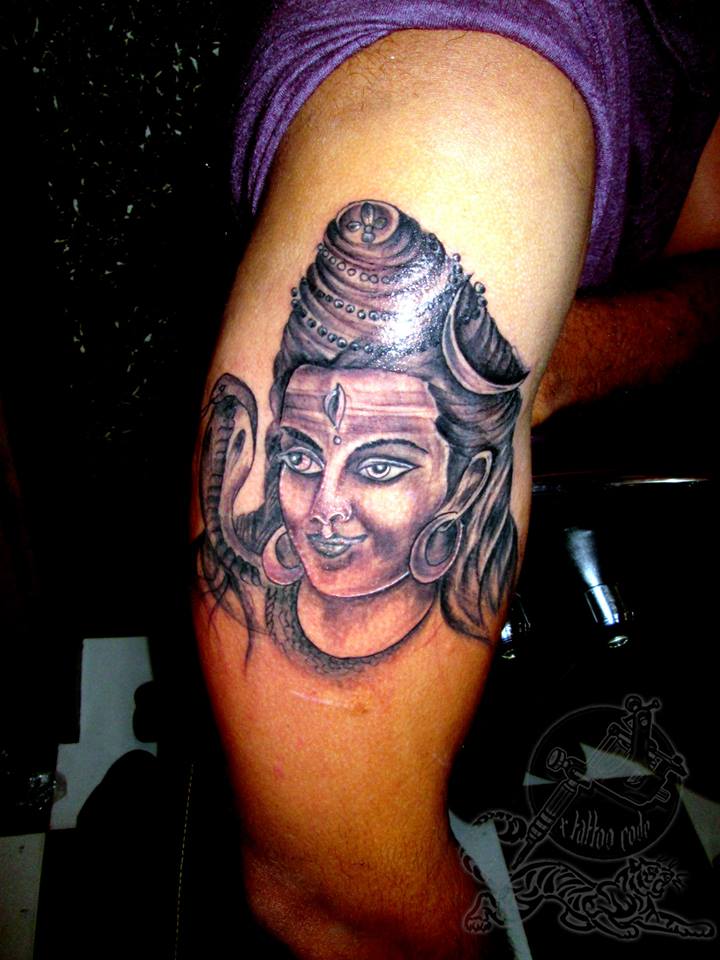 Black And Grey Lord Shiv Hinduism Tattoo On Half Sleeve